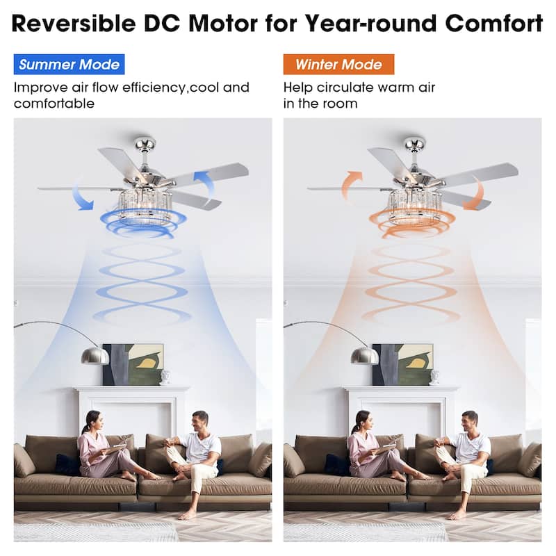52" Chrome Modern Crystal Ceiling Fan Chandelier with Light Kit and Remote