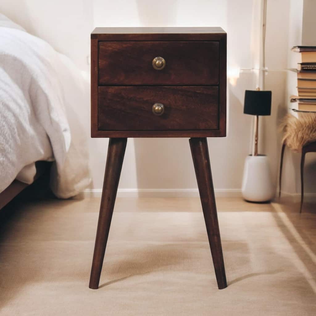 Mini Solid Wood Bedside with 2 Drawers, Scandinavian Legs, Dark Brown
