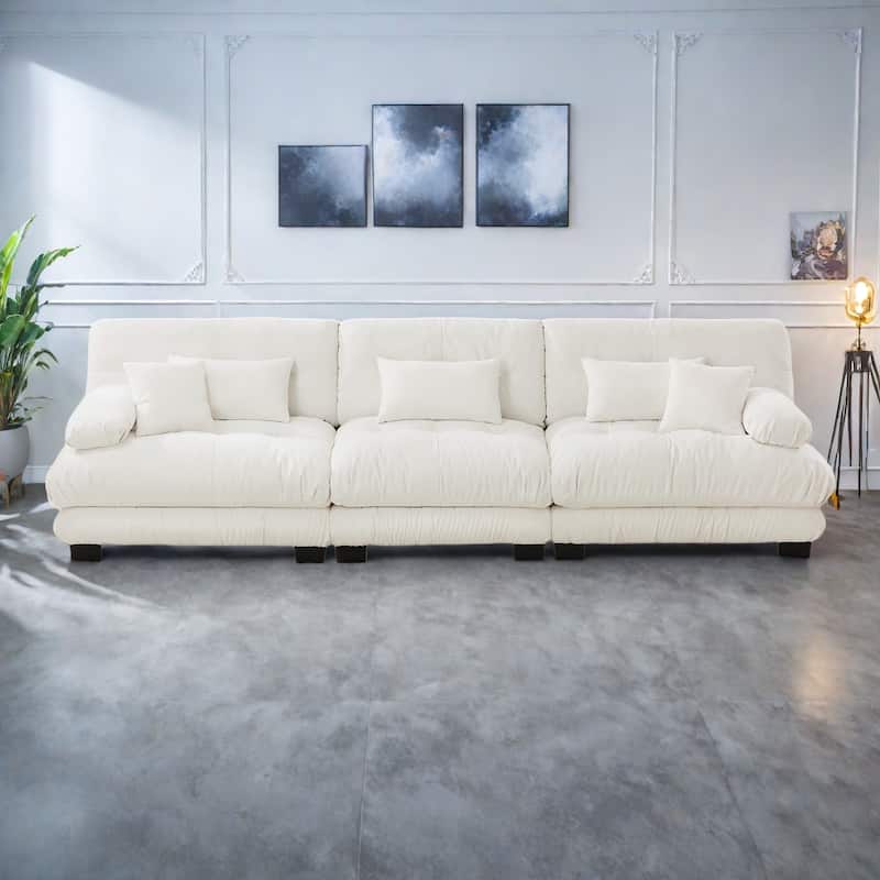 133.8" Chenille 4-Seat Sofa with Round Bolster Armrests, Deep Seat Cushions for Living Room - White