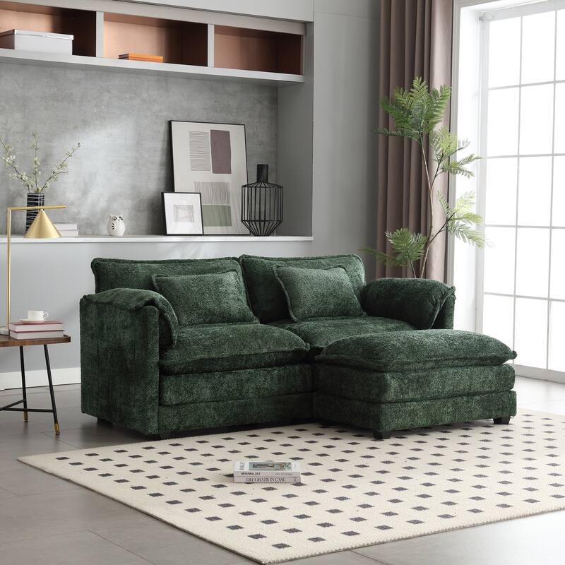 Chenille Fabric Double Sofa with High-Density Sponge Filling, Removable Armrests, and Side Storage Bags
