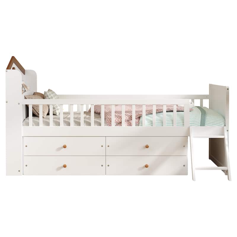 Twin Size Daybed with 4 Storage Drawers and House Headboard, Wooden Twin Size Platform Sofa Bed Frame with Fence and Ladder