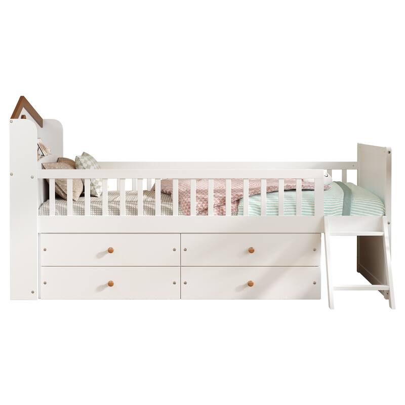Twin Size Platform Bed Frame with 4 Storage Drawers & Guardrail Headboard for Bedroom, Wooden Kids Storage Bed with Ladder