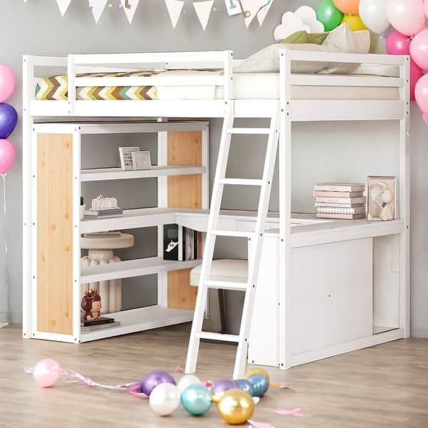 slide 2 of 12, Full Size Loft Bed With Ladder,Shelves And Desk for Home White