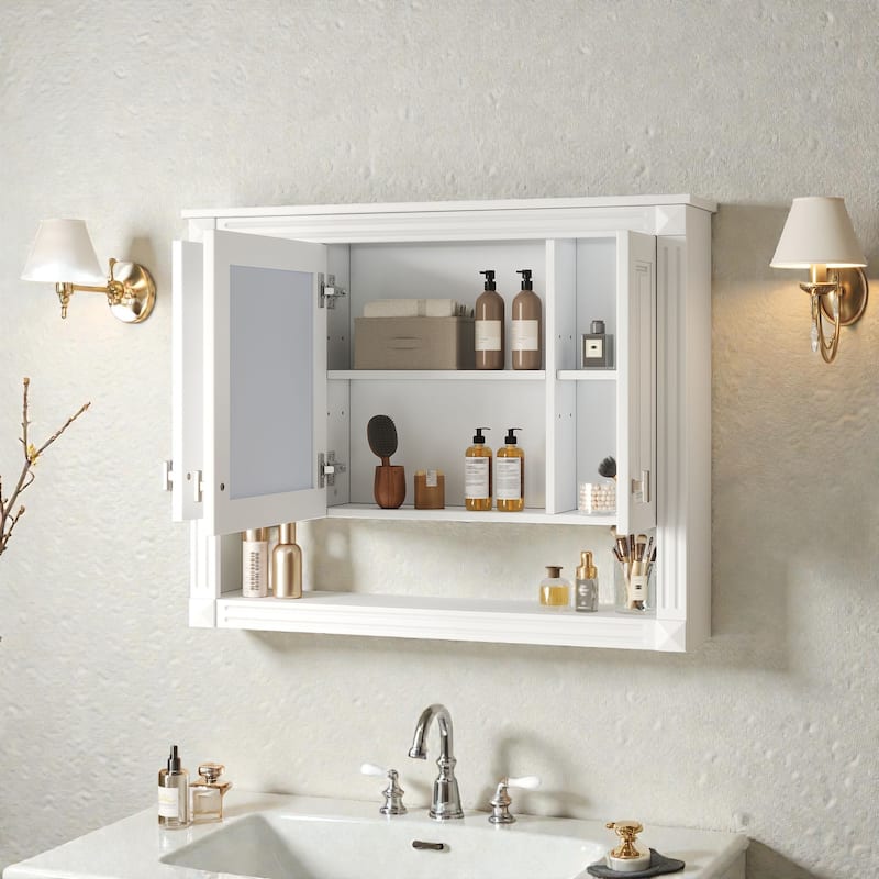 35 Inch Wall Mounted Medicine Cabinet with Mirror, Adjustable Shelves, Open Storage, Over Toilet Bathroom Cabinet