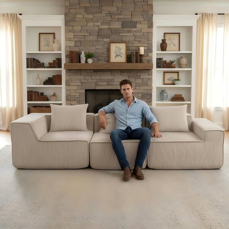 Modular Sectional Sofa with Pillows, Corduroy Upholstered 3-Seater Sofa, All-Compressed Foam Sofa for Living Room, Apartment