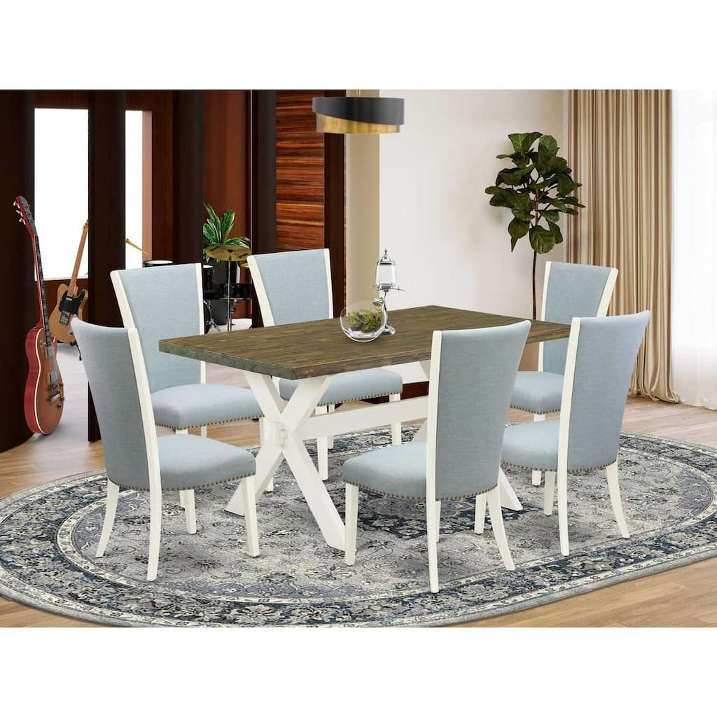 HomeStock 7-Piece Distressed Jacobean Finish Solid Wood Top Dining Table with 6 Parson-Chairs