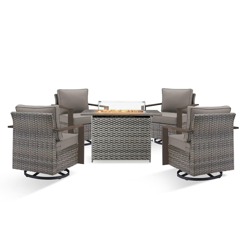 Pocassy 5 Pieces Outdoor Wicker Chair with Fire Table Set