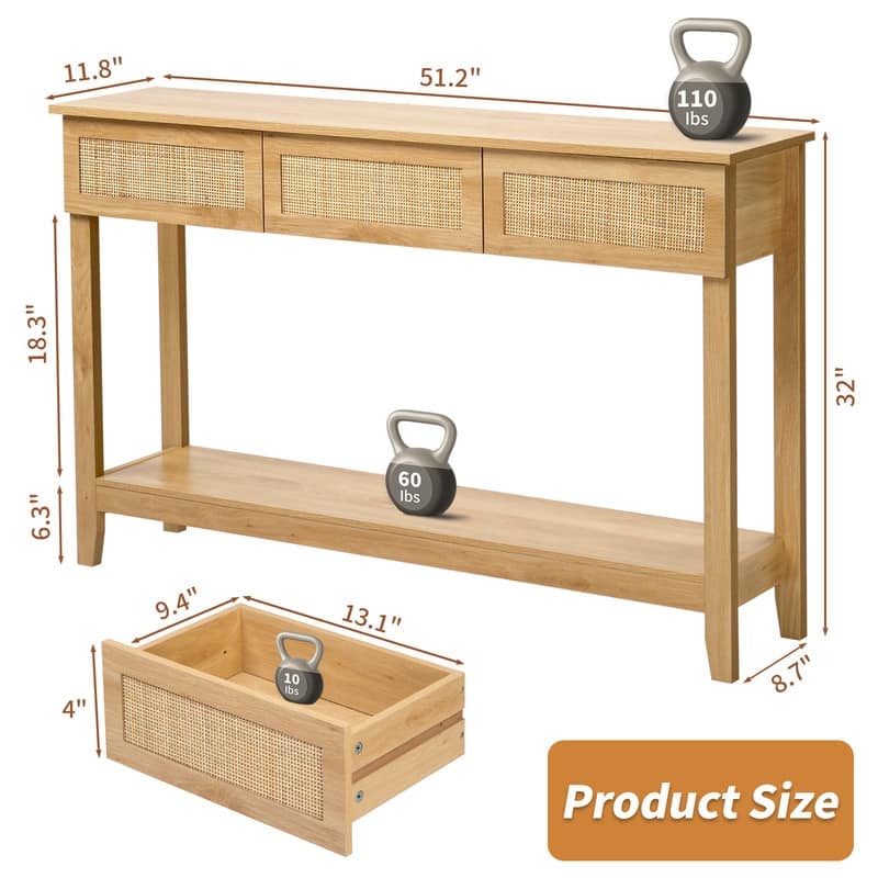 Wood Color 2-layer 3-draw MDF 130 * 30 * 81cm Rattan Surface Entrance Table