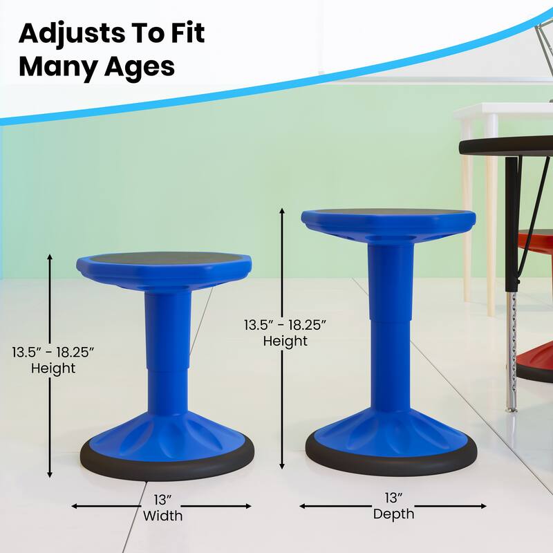 Kids Adjustable Height Active Learning Stool for Classroom and Home - 13"D x 13"W x 13.5" - 18.25"H