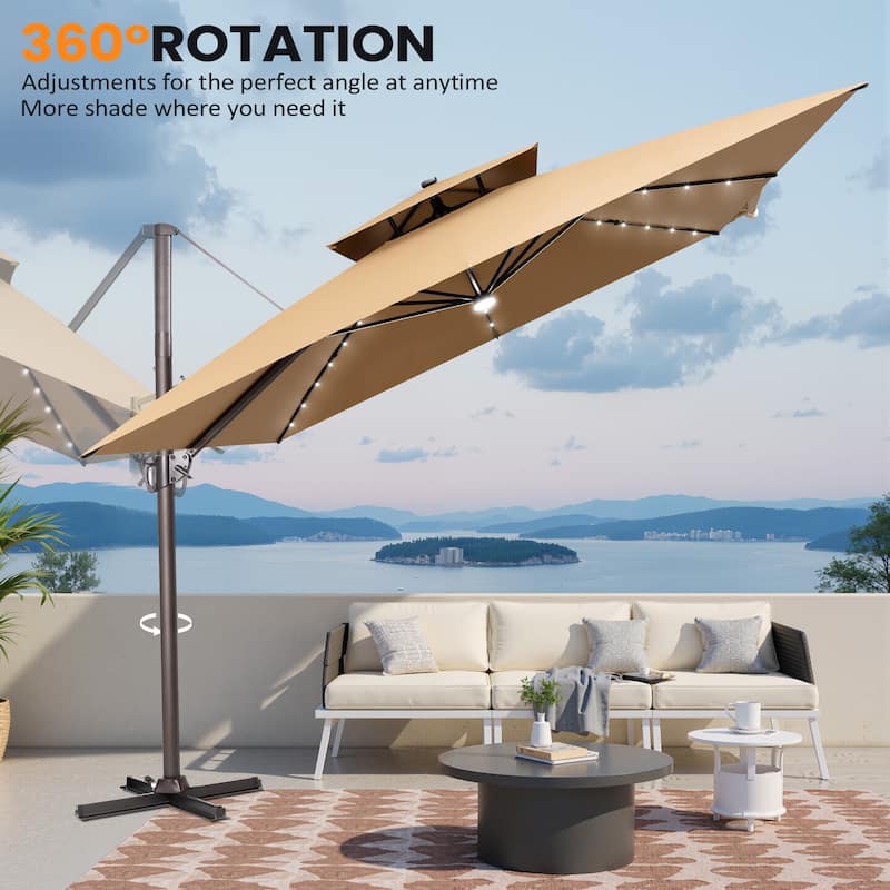 11 FT Square Outdoor Patio Cantilever Umbrella Solar LED Lighted with Weight Base