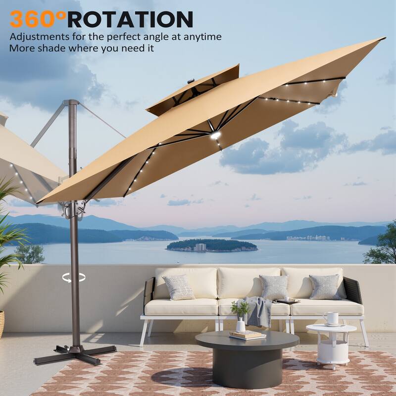 VredHom Solar LED Light 11FT Square Outdoor Cantilever Patio Umbrella without Base