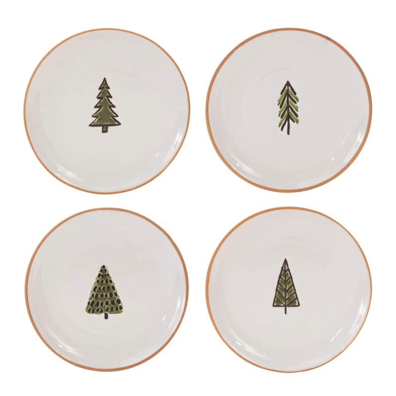 Ceramic Pine Tree Christmas Display Plates - 7.25" - Green and White - Set of 4