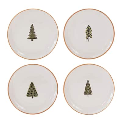 Ceramic Pine Tree Christmas Display Plates - 7.25" - Green and White - Set of 4