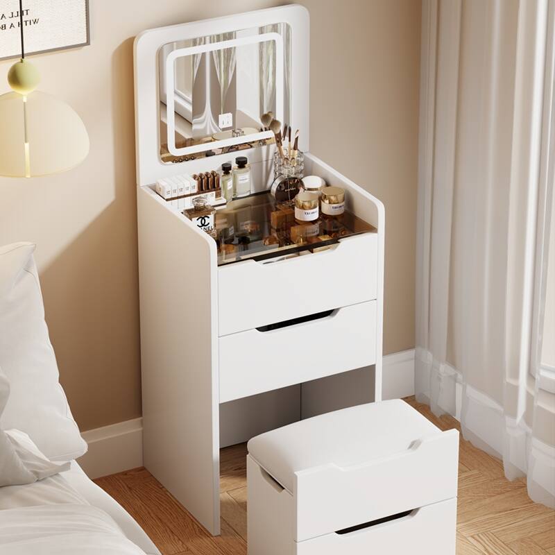3-in-1 Small Makeup Table Set with Glass Top 3 Drawers, Stool - White