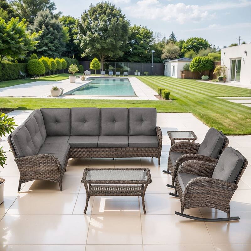 Gymojoy L-Shaped Outdoor Sectional Sofa Set, PE Wicker Couch with Water-Resistant Olefin Cushions - 5-Piece included Rocking Chairs - Grey