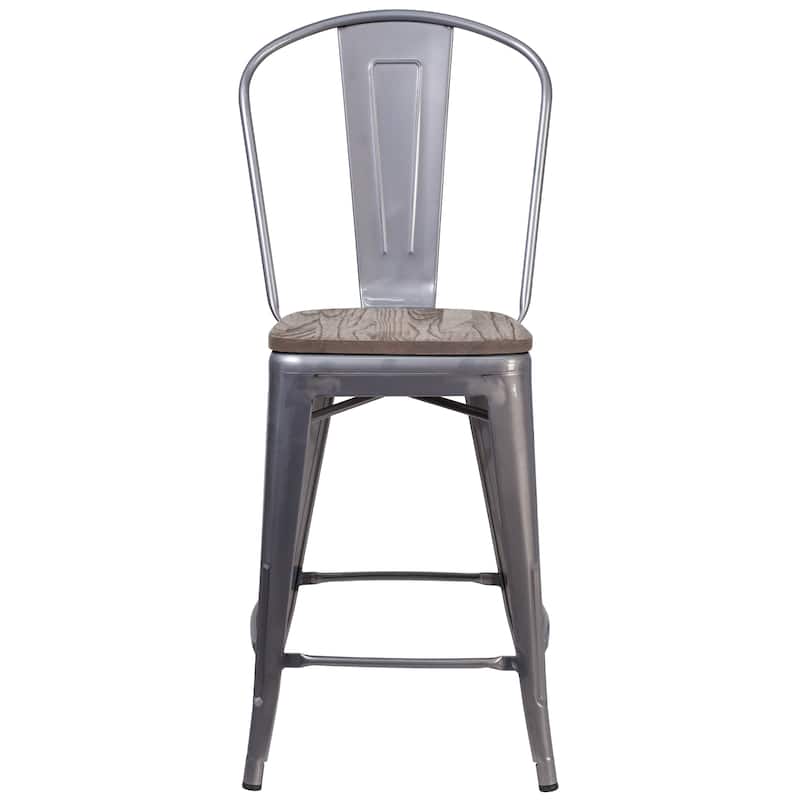 24" High Clear Coated Counter Height Stool with Back and Wood Seat - 17.75"W x 22"D x 40.5"H