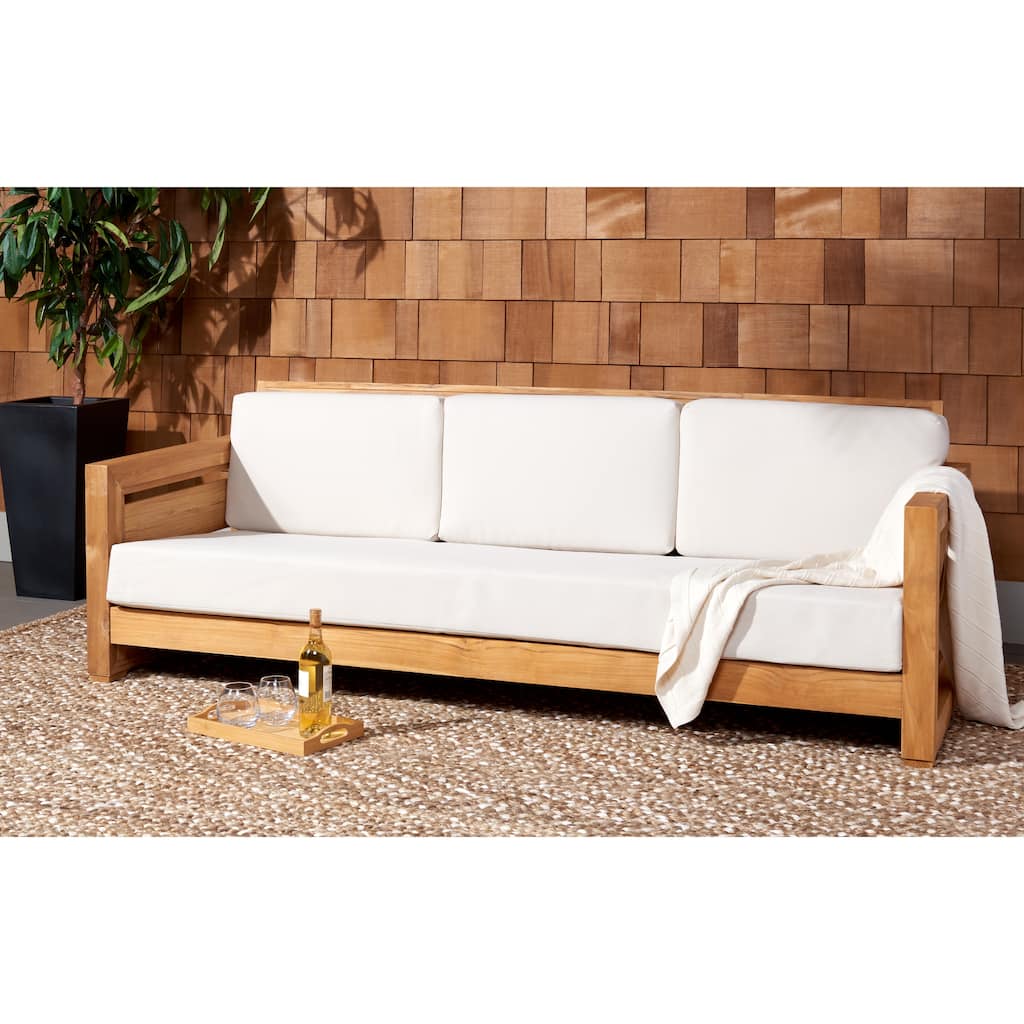 SAFAVIEH Couture Guadeloupe Outdoor Teak 3-Seat Sofa - 84"Wx37"Dx29"H