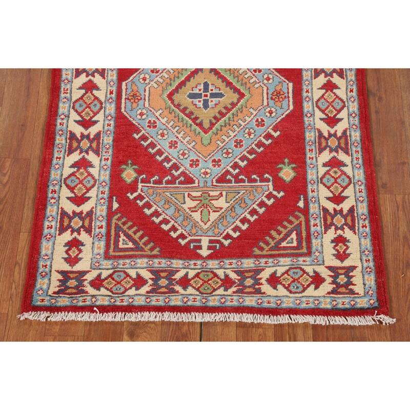 Red Geometric Kazak Oriental Accent Rug Handmade Wool Carpet - 2'8" x 3'11"