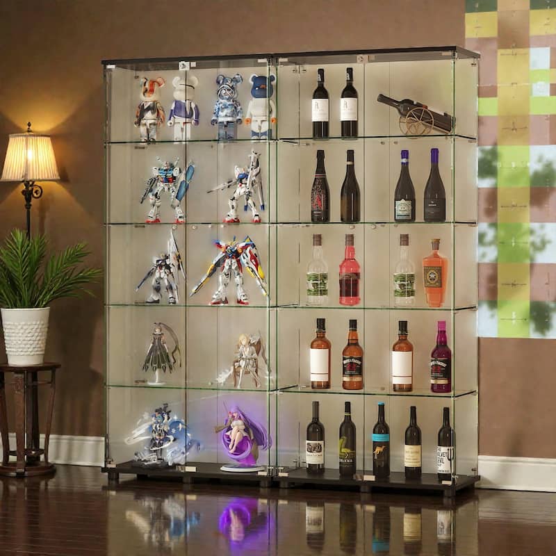 72 Inch Glass Display Case, 5 Shelf Floor Standing Cabinet with Lock, Tempered Glass Doors for Home Office