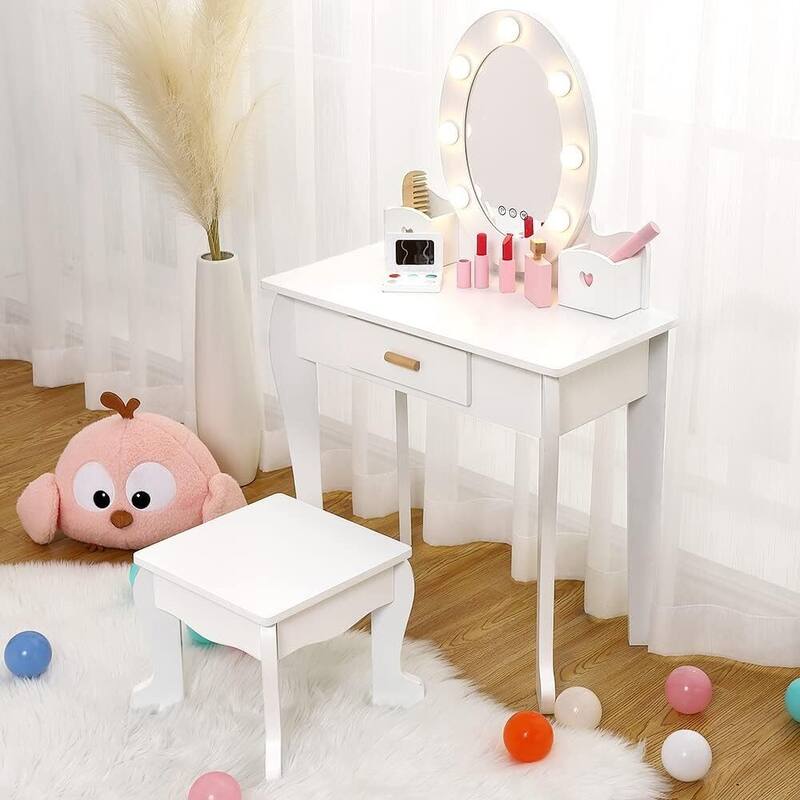 Toddler Lighted Mirror Vanity and Stool, Makeup Play Table for Girls Best Gift - White