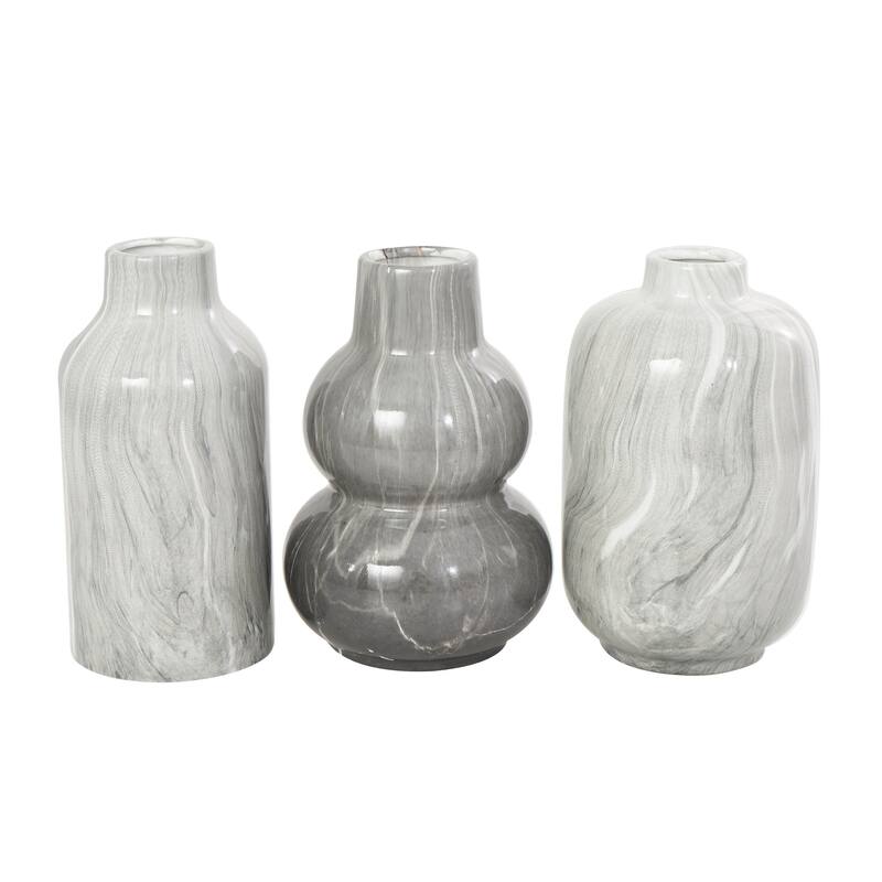 White, Gray, Cream or Black Ceramic Marble Inspired Vase with Varying Shapes (Set of 3)