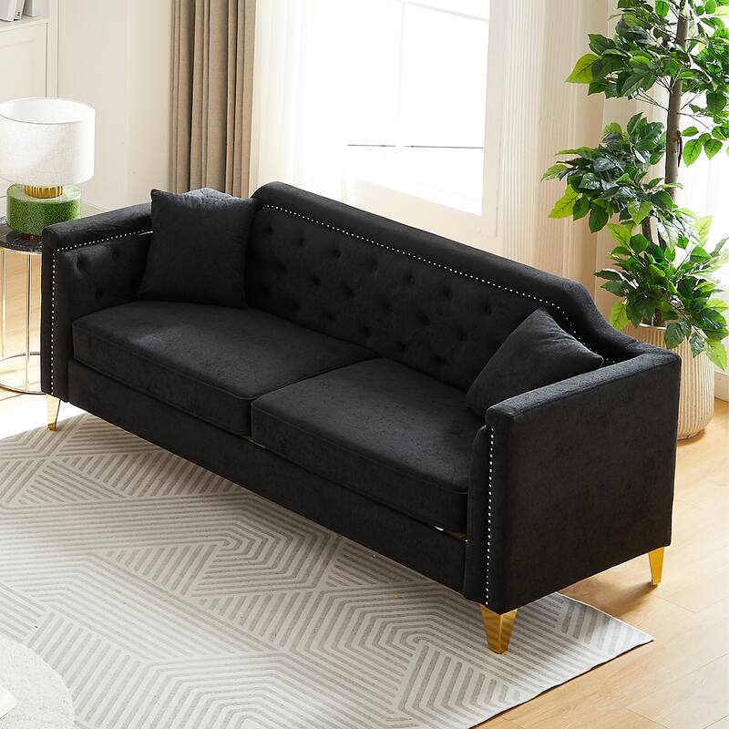 Chenille Sofa with Golden Metal Legs, 3-Seater Couch with Solid Wood Frame and 750 lbs Capacity