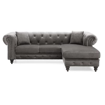 Tufted Velvet L-Shape 3-Seater Sectional Sofa with Throw Pillows - 98" - Dark Gray