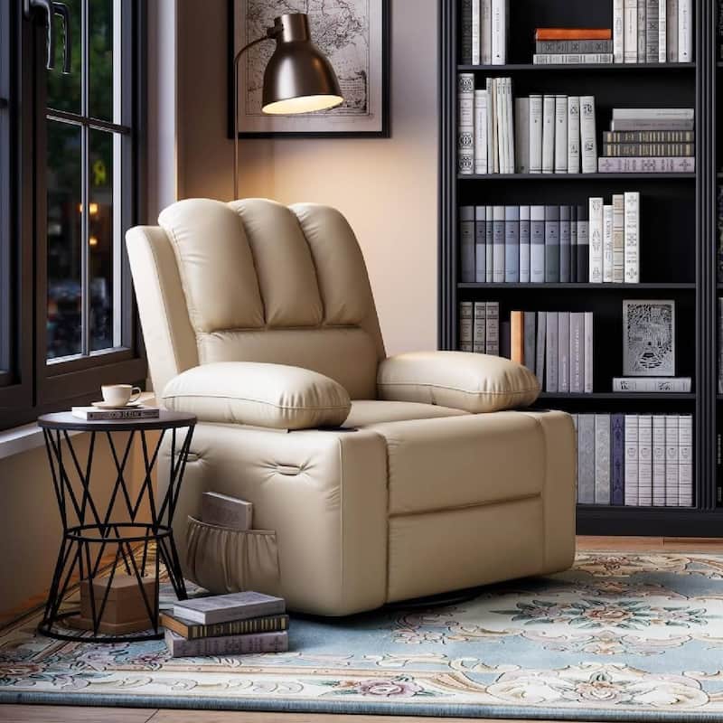 Oversized PU Recliner Sofa Chair with Heat Massage 360° Swivel and Manual Rocking Function - Beige