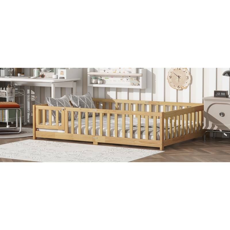Roomfitters Twin/Full Floor Bed with Surround Fence, Rubber Wood Platform with Guardrails and Slats, Natural