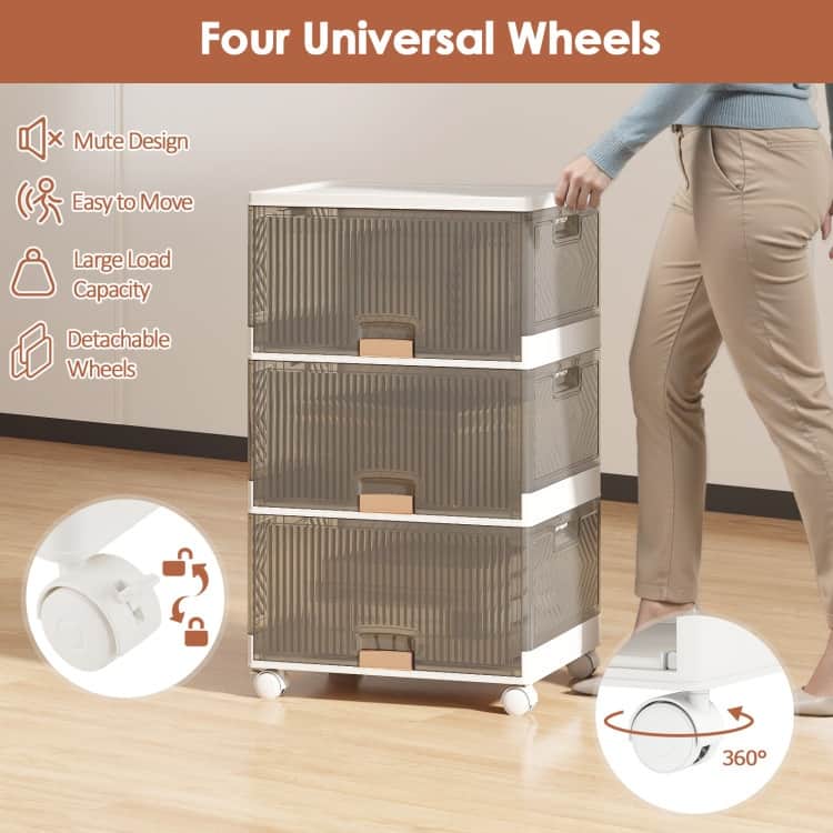 White-Brown PP and ABS Stackable Storage Bin with Wheels, Foldable Cubes