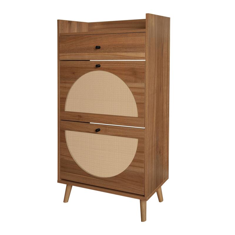 Entryway Shoe Storage Cabinet, Freestanding Rattan Shoe Rack, Shoe Organizer with 2 Flip Drawers & 1 Pull-Out drawer