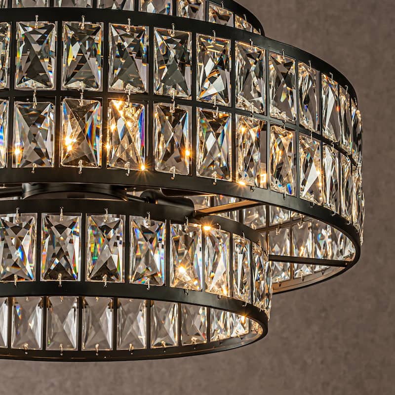 CraftHome Modern Crystal Chandelier Matte Black Finish Drum Pendant Light for Small Spaces Dining Room Entryway