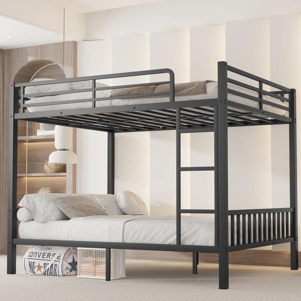 slide 2 of 9, Queen Over Queen Bunk Bed, Heavy Duty Beds Frame with Ladder & Guardrail Black