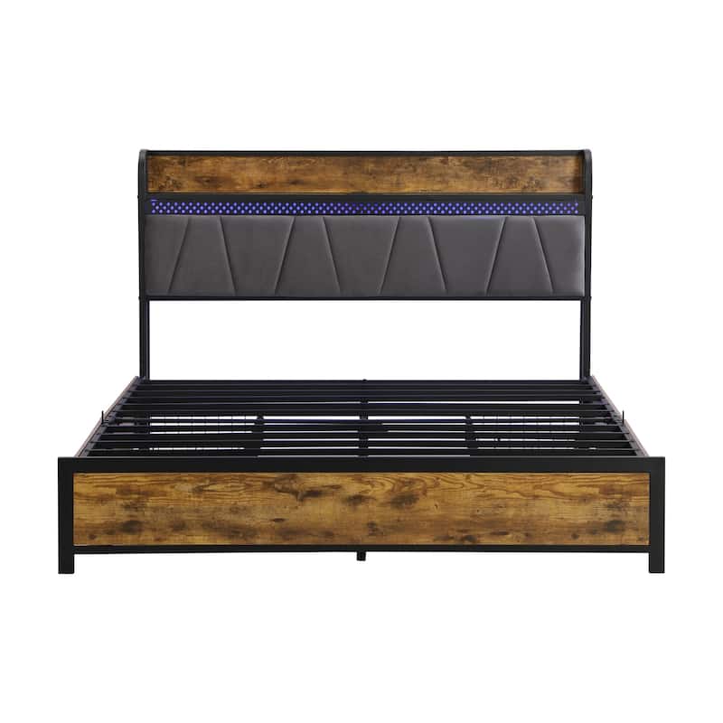 Platform Bed with Charging Station,4 Storage Drawers,LED Lights Storage Headboard
