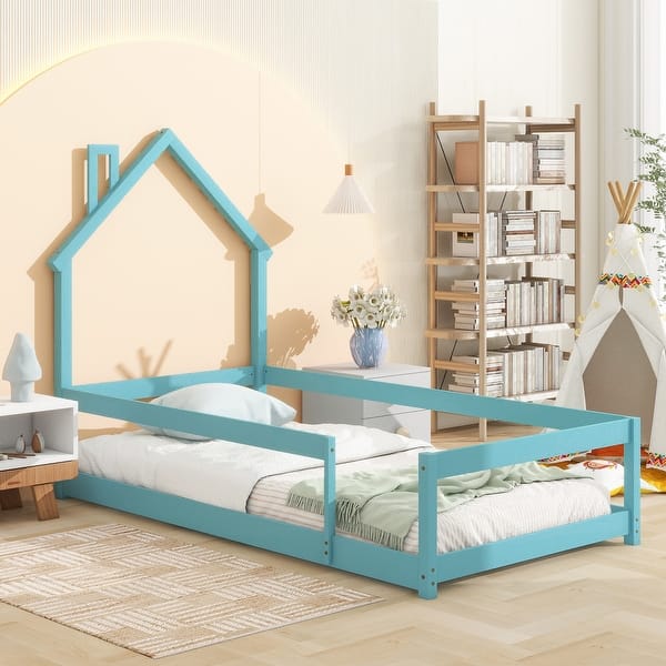 slide 2 of 8, Twin Size Pine Wood Platform Bed Frame with House-Shaped Headboard Floor Bed with Full-Length Guardrails, Light Blue Light Blue - Twin