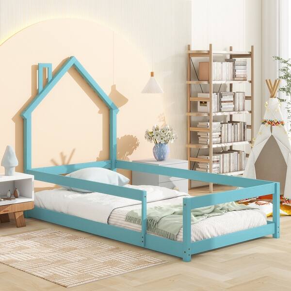 slide 2 of 8, Twin Size Wooden Bed with House-Shaped Headboard and Guardrails for Safe and Imaginative Sleep Light Blue