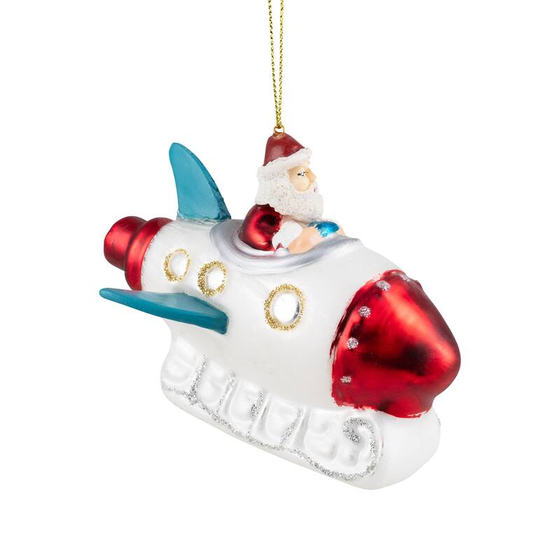 Santa in a Rocket Ship Glass Christmas Ornament - 4.25" - Silver