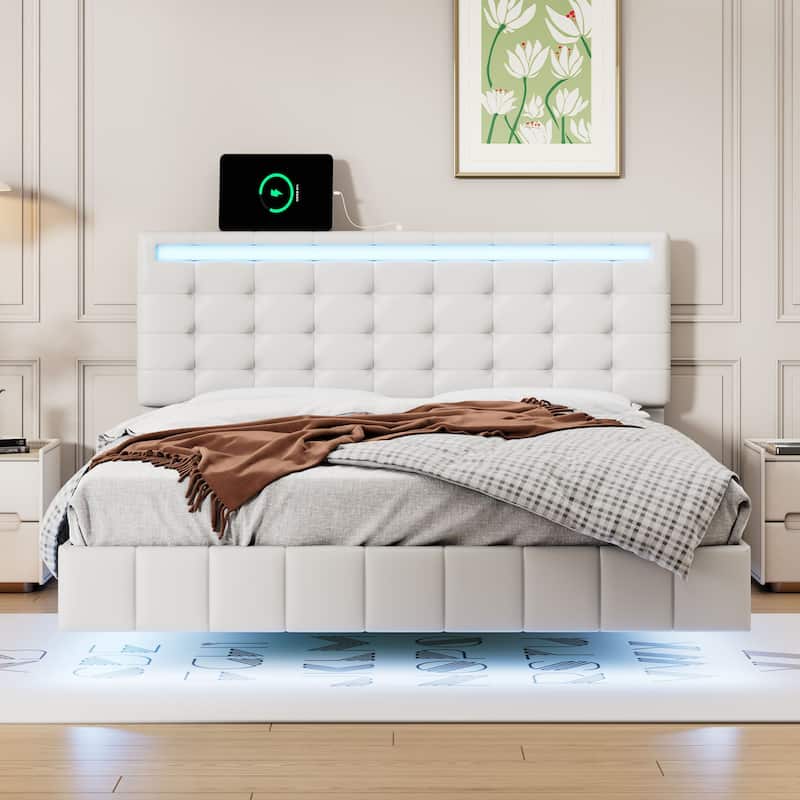 Full Size Floating Bed Frame with LED Lights and USB Charging, Modern