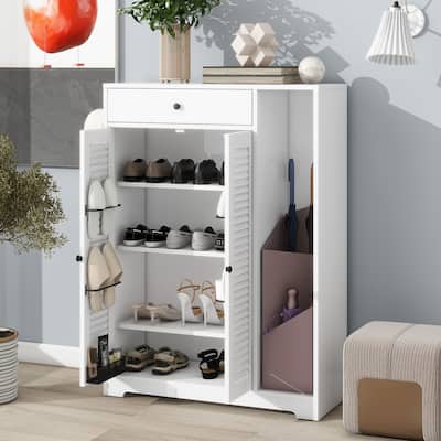 Freestanding Shoe Rack Organizer with Adjustable Storage Shelves, Shutter Doors, and Top Drawer.
