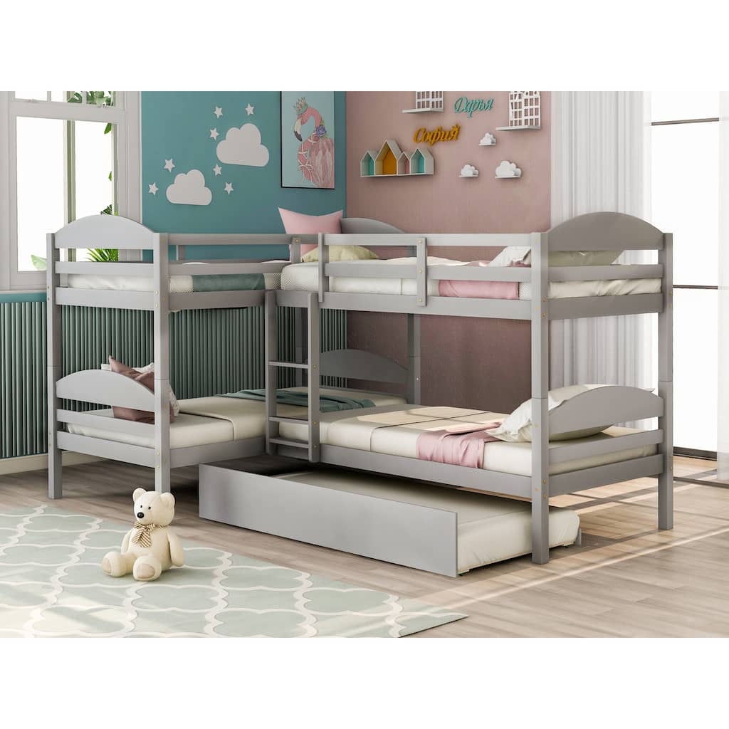 L-Shaped Twin Bunk Bed with Trundle in Gray - Space-Saving Design for Kids and Guests