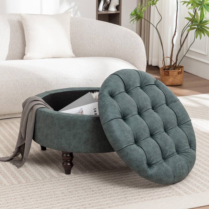 SEYNAR 29.5''Modern PU Leather Round Storage Ottoman with Wood Legs