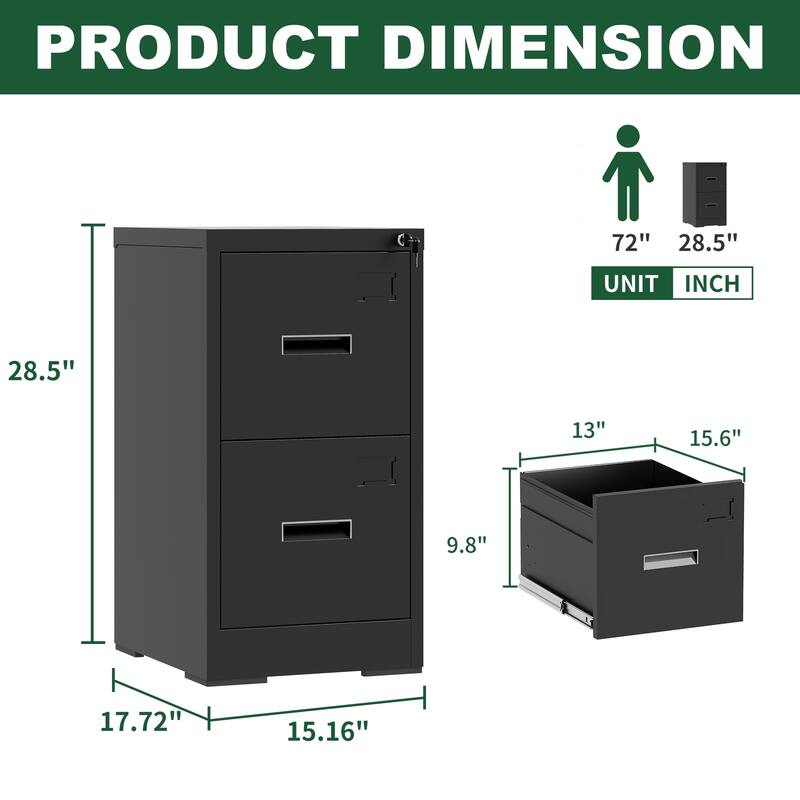 Modern Narrow Vertical Filing Cabinet with 2 Drawers Anti-Tilt Device, Locks and Card Slots, for Home Office