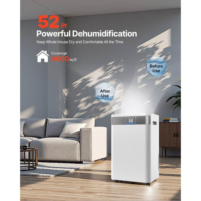White 52Pt Dehumidifier with LED Display, Quiet 120CFM Airflow - 12.01 x 9.25 x 19.45 inch