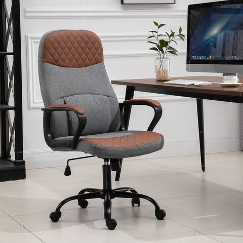 Vinsetto High Back Office Chair with 2-Point Lumbar Massage, USB Power, Faux Leather, and Linen Fabric, Brown and Grey