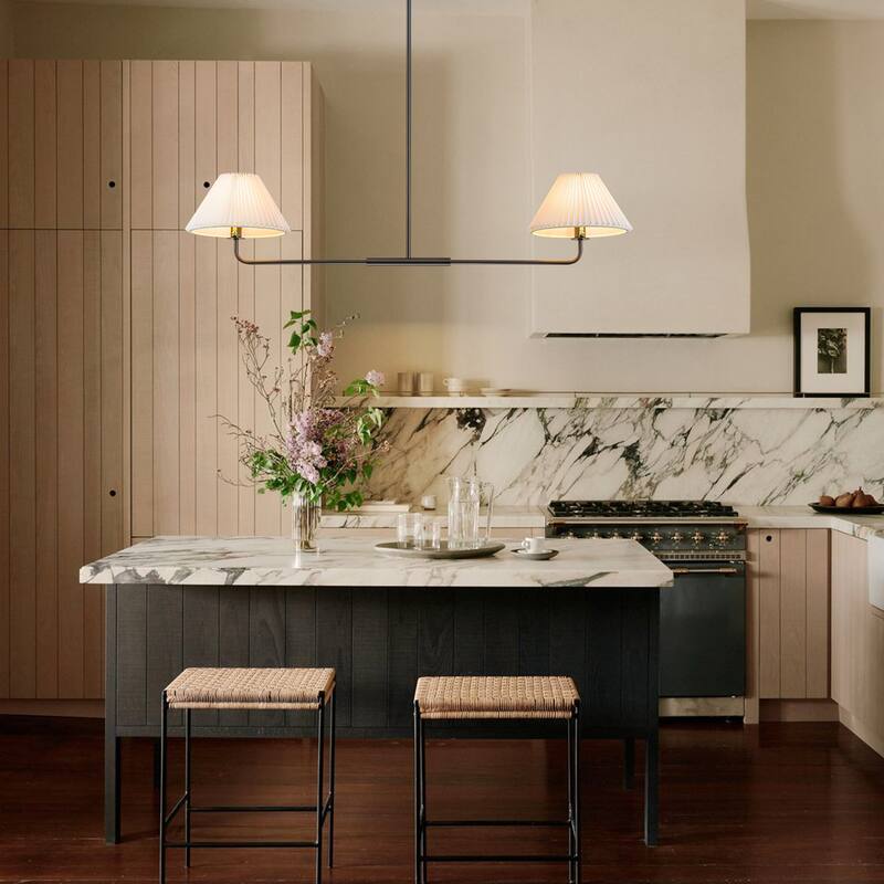 2-Light Modern Gold & Black Linear Pleated Fabric Pendant Kitchen Island Light