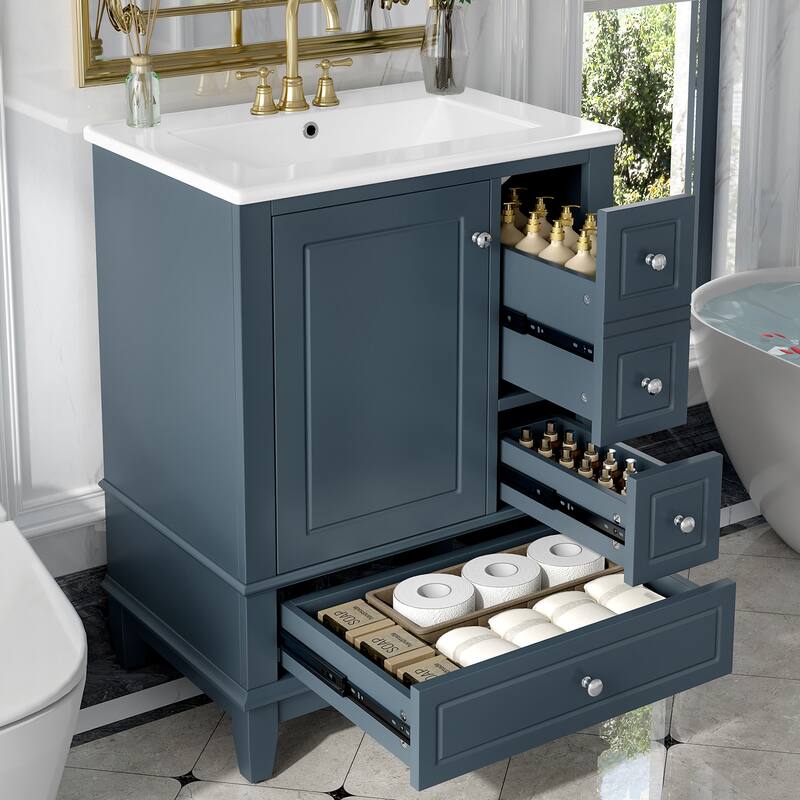 24" Bathroom Vanity with Ceramic Sink & Storage - Freestanding Cabinet, MDF & Solid Wood Base, Modern Design for Small Bathrooms