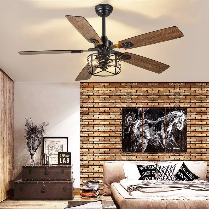 42-52Inch Caged Ceiling Fans with Lights: Dual Finish 5 Blades - Rustic with Remote Control (E26 Bulb Included)