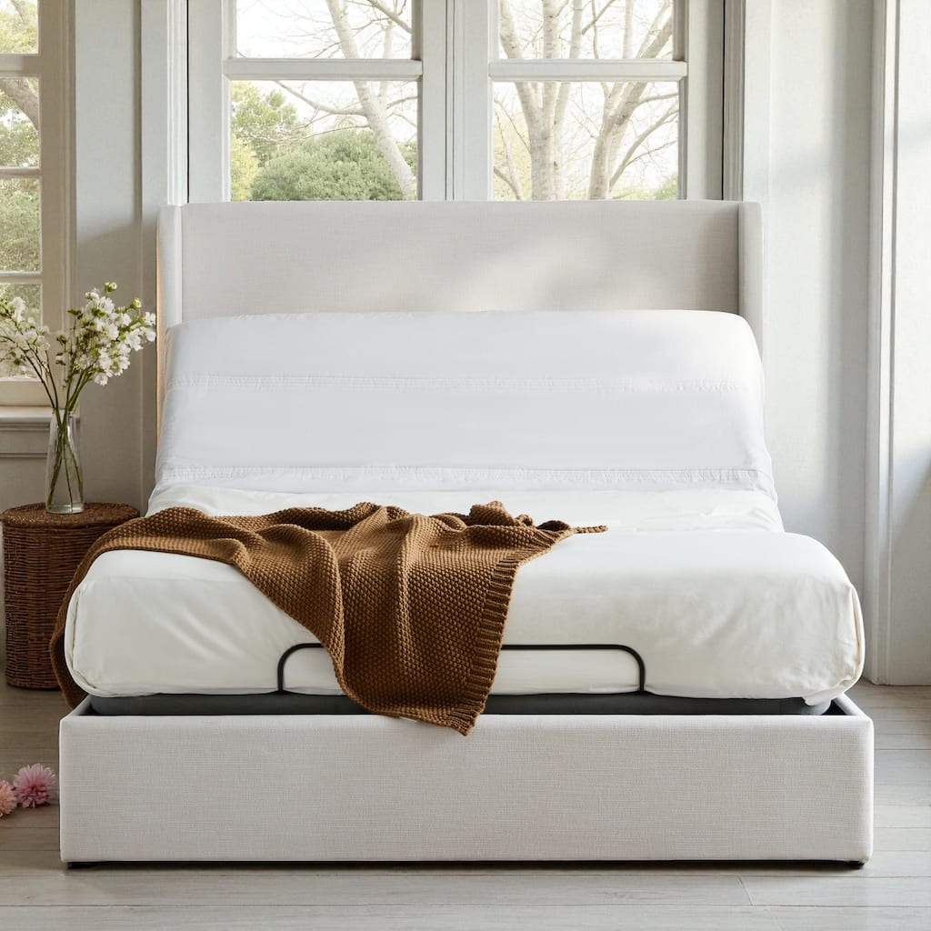 Queen Upholstered Wingback Bed with Adjustable Base, Ivory Chenille, Head & Foot Incline, Zero Gravity, Massage, App & Remote