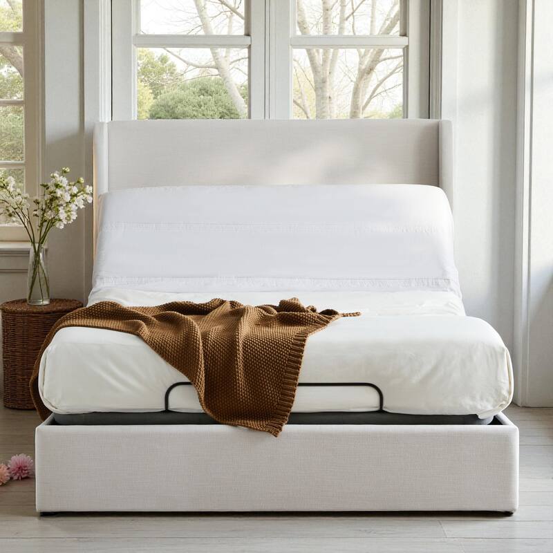 Queen Upholstered Wingback Bed with Adjustable Base, Ivory Chenille, Head & Foot Incline, Zero Gravity, Massage, App & Remote - Lvory - Queen