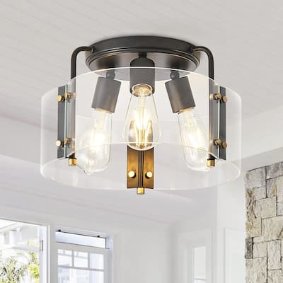 Modern 3-Light Black Semi Flush Mount Ceiling Light Fixture with Glass Shade